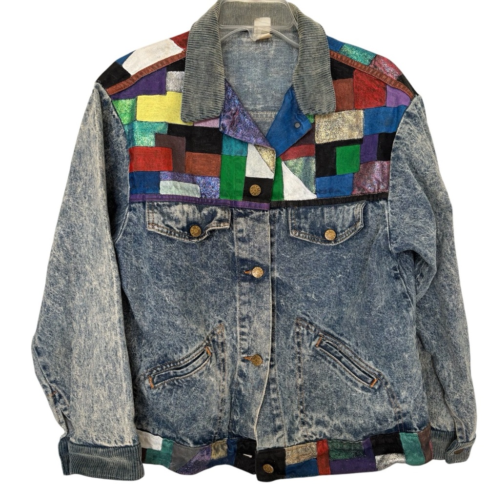 Acid Wash Denim Jacket w/ Hand Painted Color Blocks